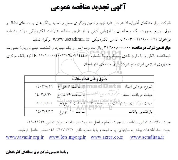 تجدید مناقصه تهیه و تامین بارگیری حمل و تخلیه برقگیرهای پست های انتقال و فوق توزیع