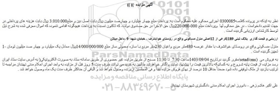 مزایده فروش ملک پلاک ثبتی 1189فرعی از 12اصلی منزل مسکونی