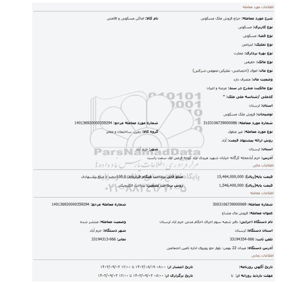 مزایده، فروش ملک مسکونی