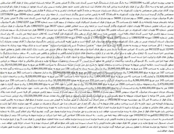 آگهی مزایده سه دانگ مشاع از ششدانگ قریه حسن کندی تحت پلاک 5 اصلی بخش 14 
