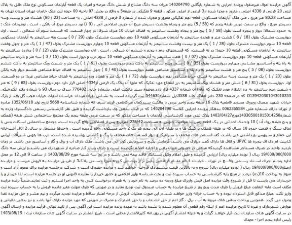 آگهی مزایده میزان سه دانگ مشاع از شش دانگ عرصه و اعیان یک قطعه آپارتمان مسکونی نوع ملک طلق به پلاک ثبتی 20 فرعی از 4338 اصلی ، مفروز و مجزا شده از3 فرعی