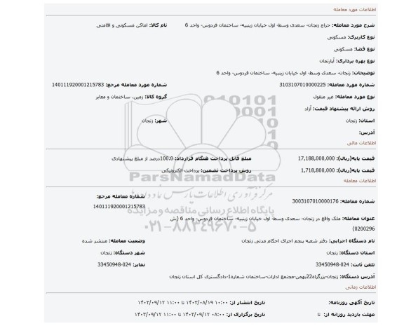 مزایده، زنجان- سعدی وسط- اول خیابان زینبیه- ساختمان فردوس- واحد 6