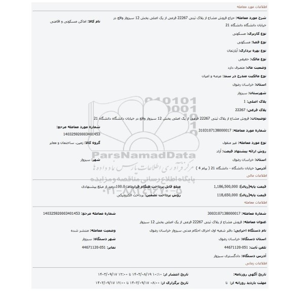 مزایده، فروش مشاع از پلاک ثبتی  22267 فرعی از  یک اصلی بخش 12 سبزوار  واقع در خیابان دانشگاه دانشگاه 21