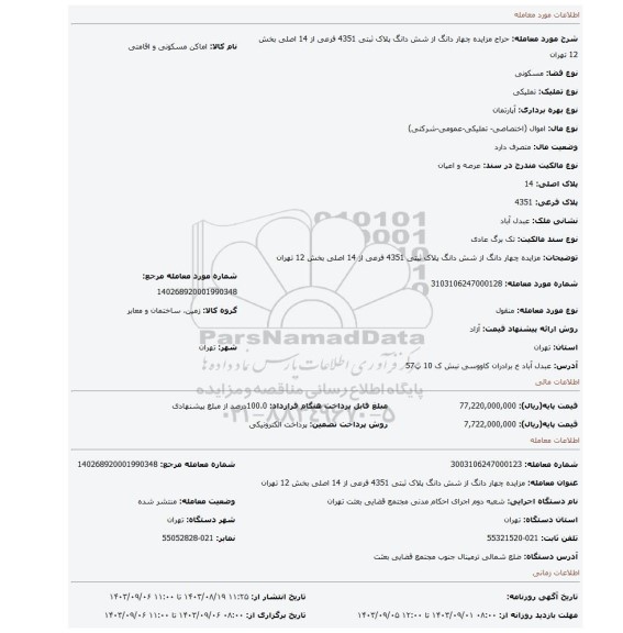 مزایده، مزایده چهار  دانگ   از شش دانگ پلاک ثبتی 4351 فرعی از 14 اصلی  بخش 12 تهران
