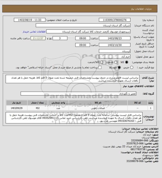 استعلام براساس لیست اقلام مندرج در جدول پیوست ومشخصات فنی ضمیمه شده تحت عنوان 5 قلم کالا. هزینه حمل با هر تعداد دفعات ارسال بعهده فروشنده میباشد.