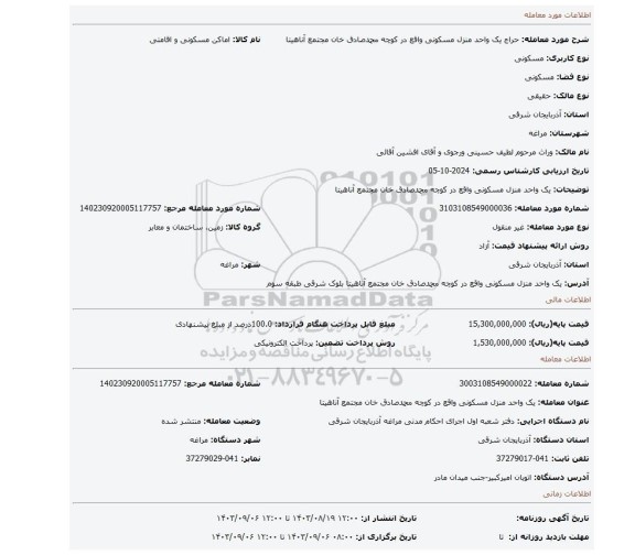 مزایده، یک واحد منزل مسکونی واقع در کوچه محمدصادق خان مجتمع آناهیتا