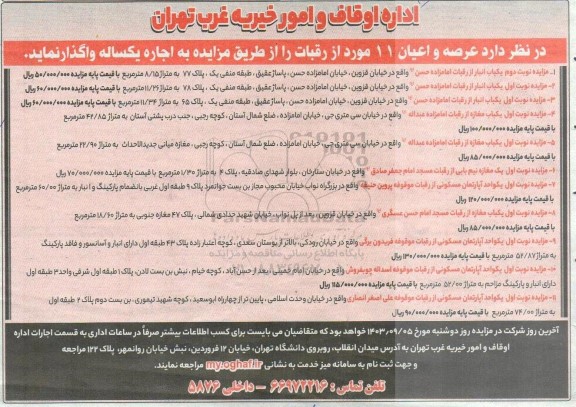 مزایده اجاره عرصه و اعیان 11 مورد از رقبات شامل انبار، مغازه، آپارتمان مسکونی