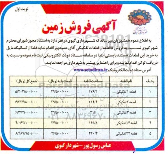 آگهی فروش 5 قطعه از قطعات تفکیکی