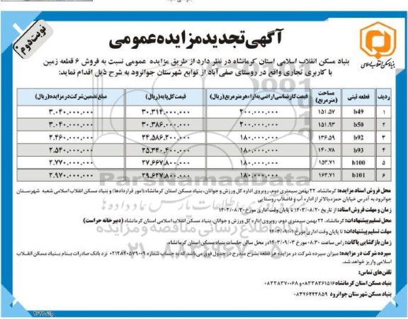 تجدید مزایده فروش 6 قطعه زمین با کاربری تجاری -نوبت دوم