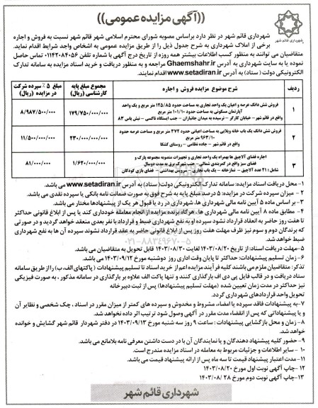 مزایده فروش و اجاره برخی از املاک شهرداری
