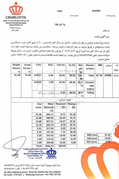 مزایده مقدار 200 هزار تن سنگ آهن دانه بندی 0 - 30 طبق آنالیز