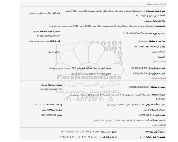 مزایده، ششدانگ عرصه و اعیان یک دستگاه ملک آپارتمان بشماره پلاک ثبتی 12921 فرعی 5447 اصلی مفروز و مجزی شده