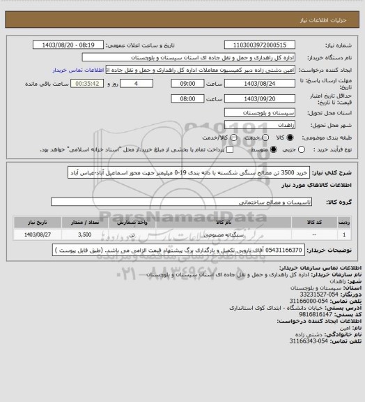 استعلام خرید 3500 تن مصالح سنگی شکسته با دانه بندی 19-0 میلیمتر جهت محور اسماعیل آباد-عباس آباد