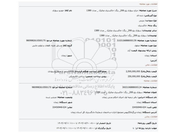 مزایده، سواری پژو 206_ رنگ: خاکستری متالیک _ مدل: 1389