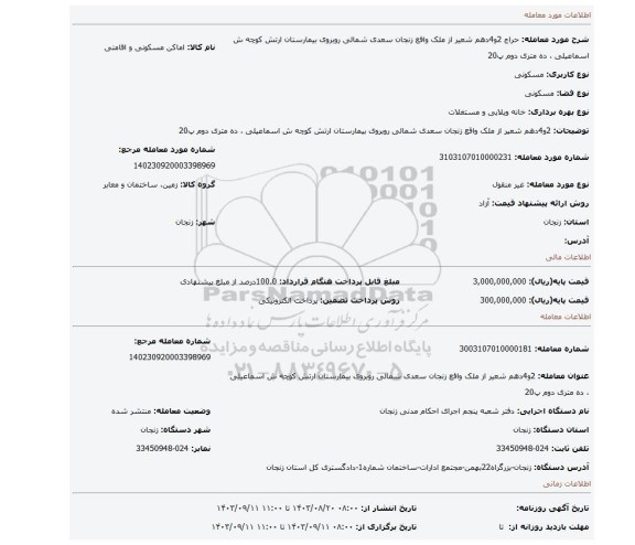 مزایده، 2و4دهم شعیر از ملک واقع زنجان سعدی شمالی روبروی بیمارستان ارتش کوچه ش اسماعیلی ، ده متری دوم پ20