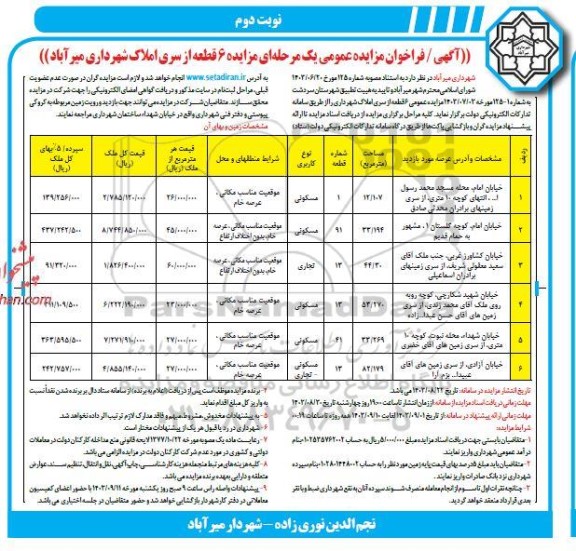 مزایده 6 قطعه ملک مسکونی، تجاری و مسکونی/تجاری- نوبت دوم