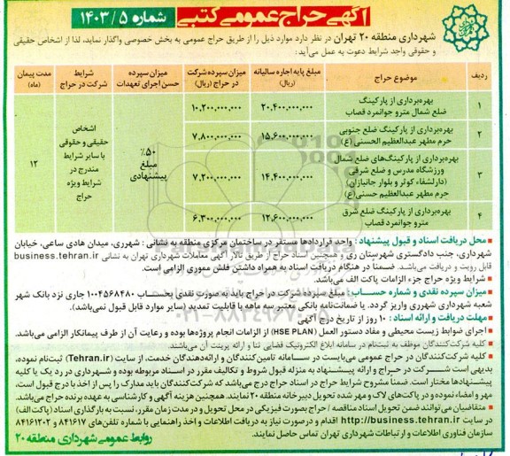 آگهی حراج عمومی بهره برداری از پارکینگ ...