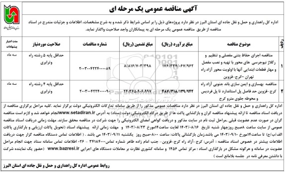 مناقصه اجرای حفاظ بتنی مفصلی وتنظیم و رگلاژ نیوجرسی های محور...