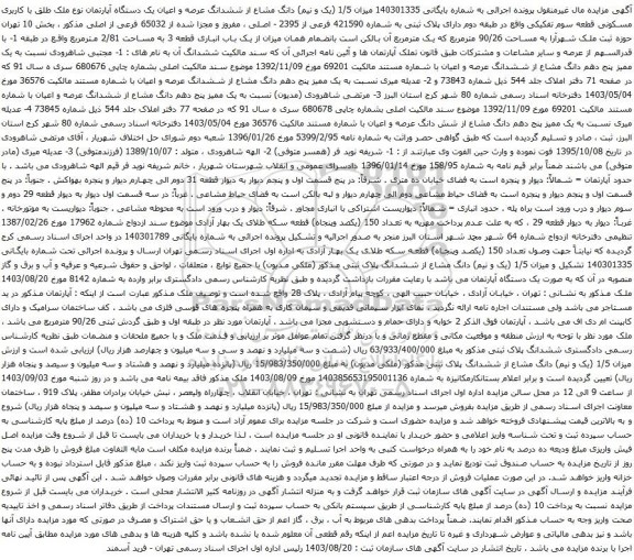 آگهی مزایده میزان 1/5 (یک و نیم) دانگ مشاع از ششدانگ عرصه و اعیان یک دستگاه آپارتمان نوع ملک طلق با کاربری مسکونی قطعه سوم تفکیکی
