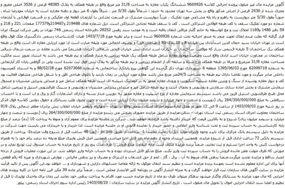 مزایده ششدانگ یکباب مغازه به مساحت 31/8 متر مربع 