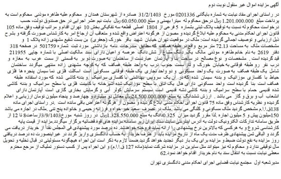 مزایده فروش یک دانگ مشاع از شش دانگ عرصه و اعیان دارای سند مالکیت اصلی