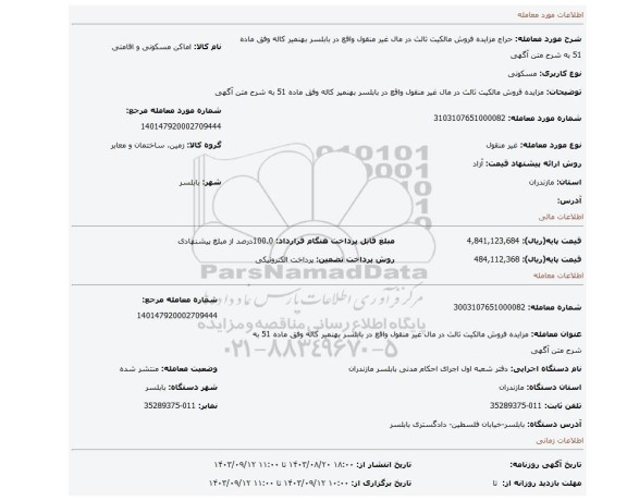 مزایده، مزایده فروش مالکیت ثالث در مال غیر منقول واقع در بابلسر بهنمیر کاله وفق ماده 51  به شرح متن آگهی