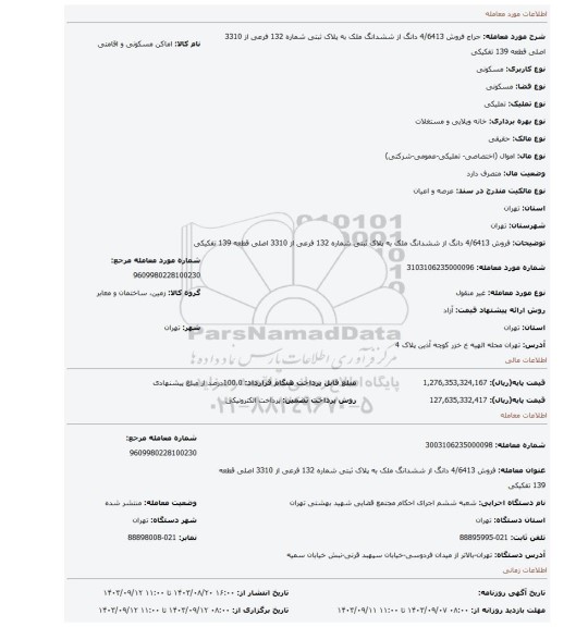 مزایده، فروش 4/6413 دانگ از ششدانگ ملک به پلاک ثبتی شماره 132 فرعی از 3310 اصلی قطعه 139 تفکیکی