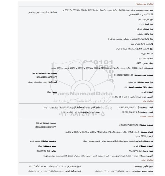 مزایده، فروش 2/428 دانگ از ششدانگ پلاک های 74923 و 6208 و 83396 و 83017 و 55152 فرعی از 6933 اصلی