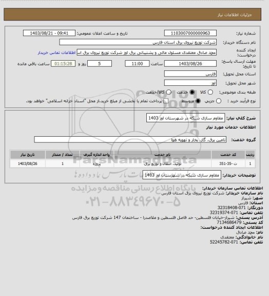 استعلام مقاوم سازی شبکه در شهرستان اوز 1403