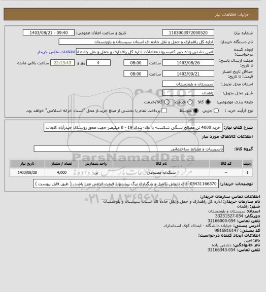 استعلام خرید 4000 تن مصالح سنگی شکسته با دانه بندی 19 - 0 میلیمتر جهت محور روستای حیدرآباد کلچات