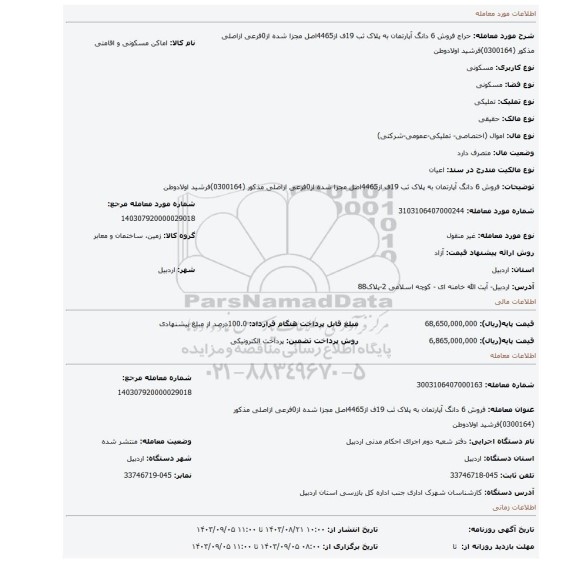 مزایده، فروش 6 دانگ آپارتمان به پلاک ثب 19ف از4465اصل مجزا شده از0فرعی ازاصلی مذکور (0300164)فرشید اولادوطن