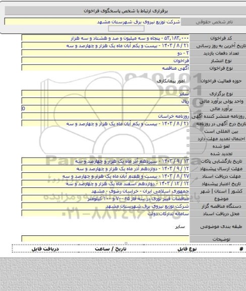 مناقصه, مناقصات فیبر نوری در سه فاز ۶۵ -۷۰ و ۱۰۰ کیلومتر