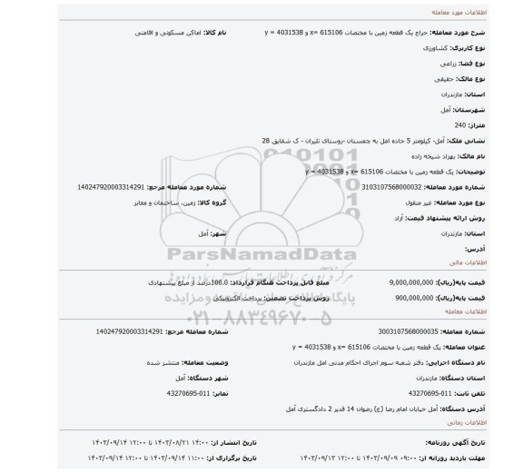 مزایده، یک قطعه زمین با مختصات 615106 =x و 4031538 = y