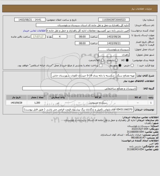 استعلام  تهیه مصالح سنگی شکسته با دانه بندی 19-0 حیدرآباد-کلچات شهرستان خاش