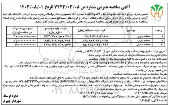 مناقصه اجرای جمع آوری و حمل زباله از مبدا تا محل دفن زباله و نظافت معابر و کوچه های سطح شهر نوبت دوم 