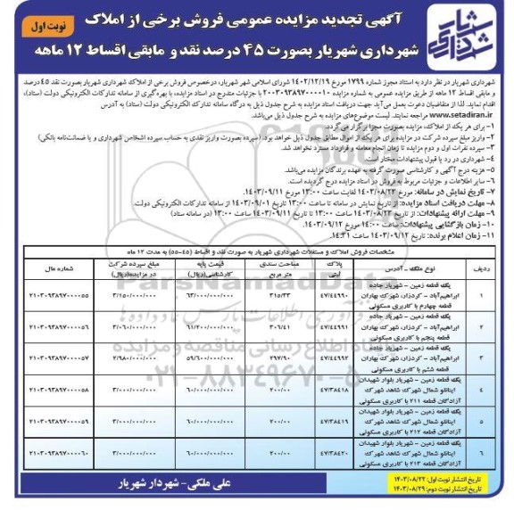 تجدید مزایده فروش برخی از املاک شهرداری 