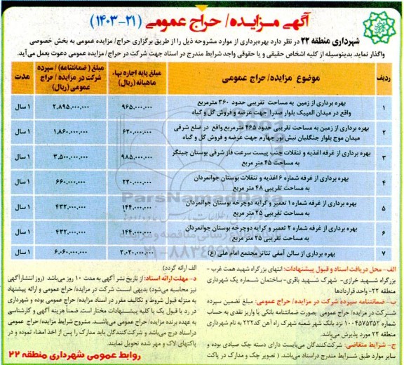 مزایده بهره برداری از زمین به مساحت تقریبی حدود 360 متر مربع ...