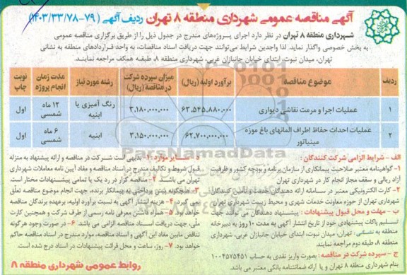 مناقصه عملیات اجرا و مرمت نقاشی دیواری و ... 