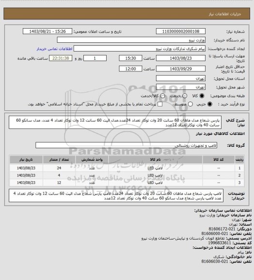 استعلام  پارس شعاع مدل ماهان 60 سانت 20 وات توکار تعداد 24عدد،مدل الیت 60 سانت 12 وات توکار تعداد 4 عدد، مدل سانکو 60 سانت 40 وات توکار تعداد 12عدد