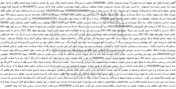 آگهی مزایده ششدانگ خانه نوع ملک طلق کاربری مسکونی پلاک ثبتی 13 فرعی از 1025 اصلی