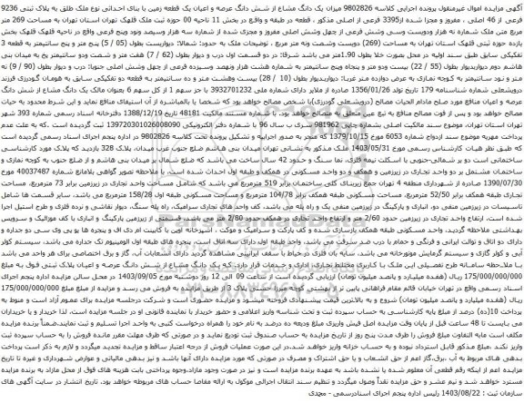 آگهی مزایده ک دانگ مشاع از شش دانگ عرصه و اعیان یک قطعه زمین با بنای احداثی نوع ملک طلق به پلاک ثبتی 9236 فرعی از 46 اصلی