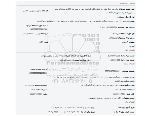 مزایده، سه دانگ مشاع از شش دانگ یک قطعه زمین به مساحت 300 مترمربع فاقد سند رسمی به مالکیت محکوم علیه(آقای نو