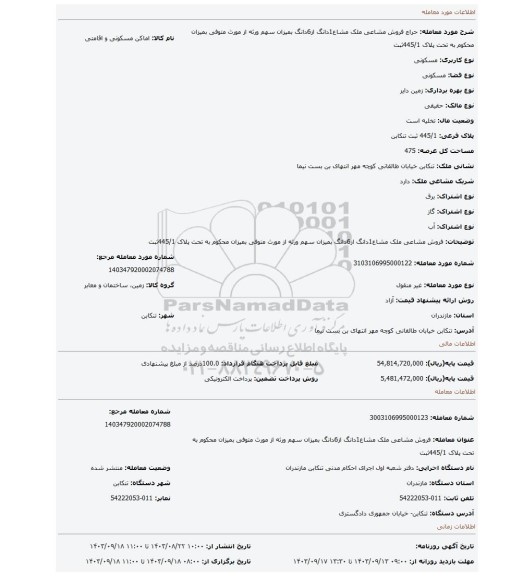مزایده، فروش مشاعی ملک مشاع1دانگ از6دانگ بمیزان سهم ورثه از مورث متوفی بمیزان محکوم به تحت پلاک 445/1ثبت