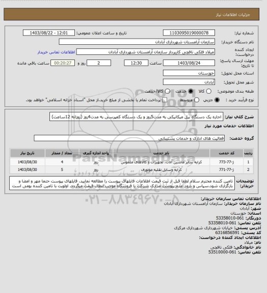 استعلام اجاره یک دستگاه بیل میکانیکی به مدت5روز و یک دستگاه کمپرسی به مدت4روز (روزانه 12ساعت)