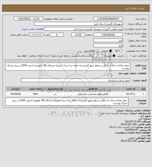 استعلام حمل نخاله و خاک از جنگل و سطح شهر گرمدره به حلقه دره استان البرز(به مسافت 38 کیلومتر) به وزن 2000 تن برابر مدارک پیوست.