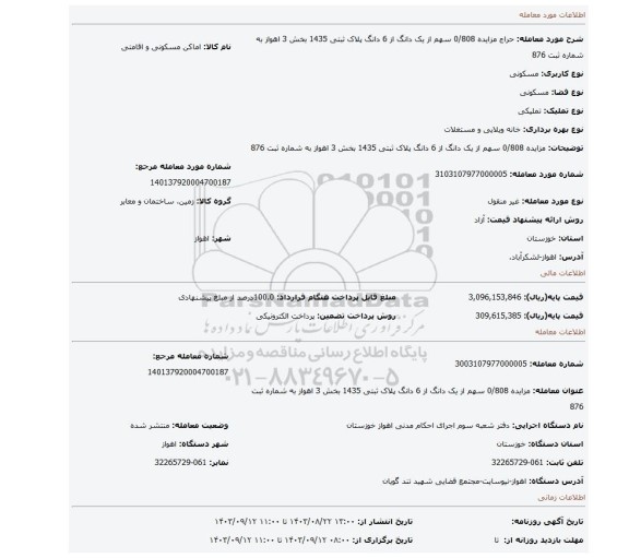 مزایده، مزایده 0/808 سهم از یک دانگ از 6 دانگ پلاک ثبتی 1435 بخش 3 اهواز به شماره ثبت 876