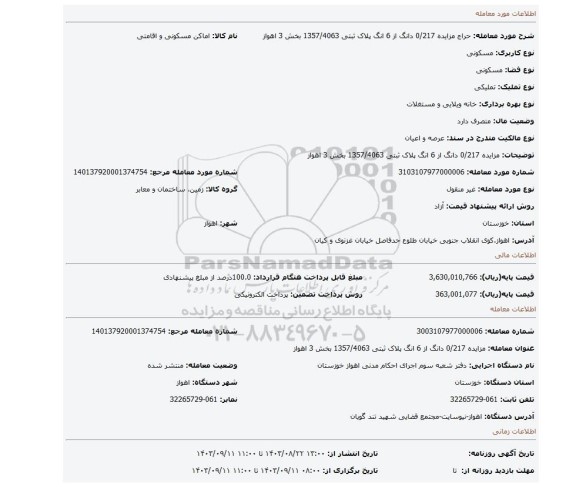 مزایده، مزایده 0/217 دانگ از 6 انگ پلاک ثبتی 1357/4063 بخش 3 اهواز