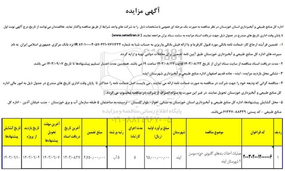 مناقصه عملیات احداث بندهای گابیونی حوزه سوسن
