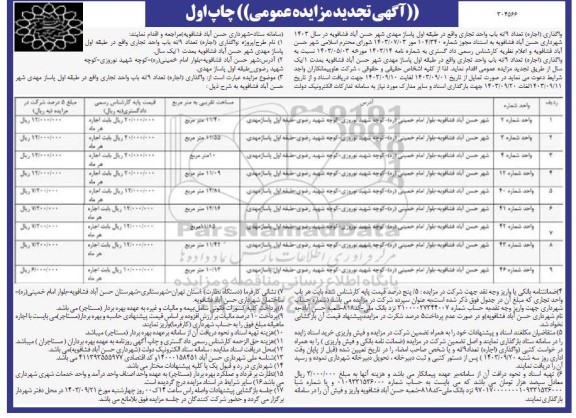 تجدید مزایده اجاره 9 باب واحد تجاری 
