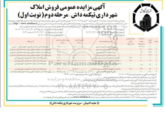 مزایده فروش تعدادی از املاک